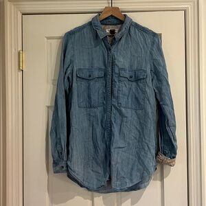 Pilcro soft blue oversized button down with floral detail on cuffs